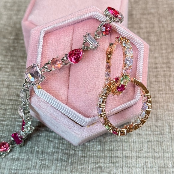 Elegant Pink Tennis Bracelet and Hoop Earrings Jewelry Set - Picture 3 of 4